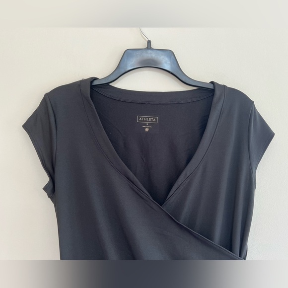 Athleta Nectar Faux Wrap Black Dress w/ Cap Sleeves, Ruching, Surplice Neck, S - Picture 5 of 8